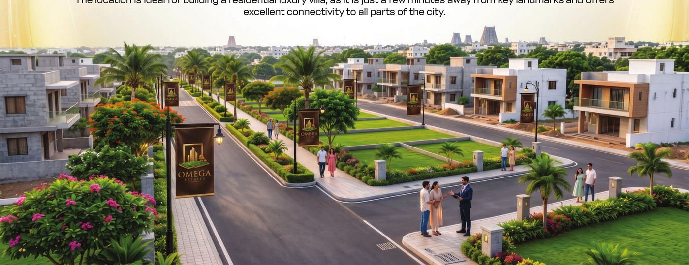 Aerial view of Omega Estates landscaped villa plot avenue with palm-lined streets