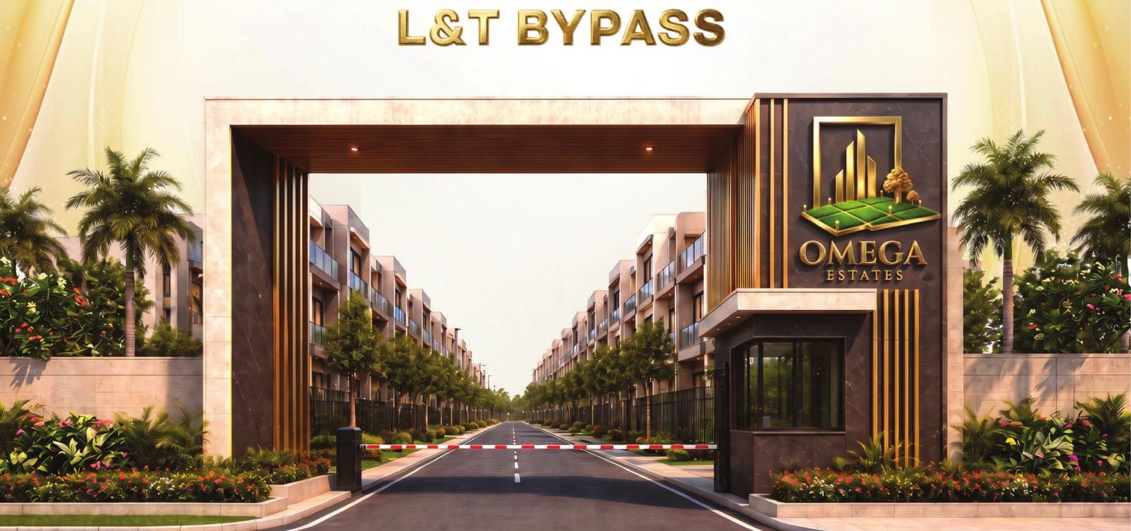 Omega Estates grand entrance arch, gated villa plot community near L&T Bypass, Coimbatore