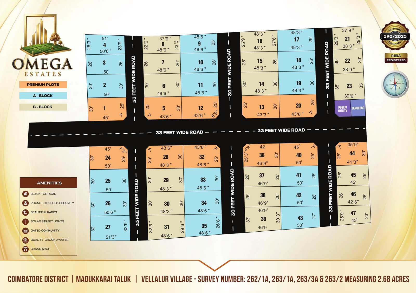 Omega Estates master layout plan showing 47 numbered plots across A-Block and B-Block